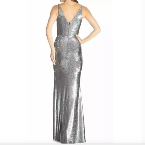 DRESS THE POPULATION  JORDAN RUCHED GUNMETAL SEQUIN DRESS sz M - Picture 2 of 2